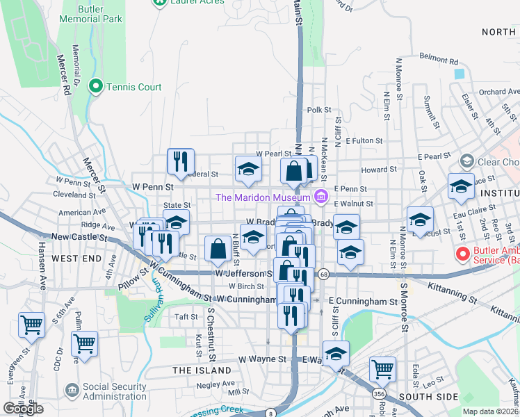 map of restaurants, bars, coffee shops, grocery stores, and more near 2 West Walnut Street in Butler