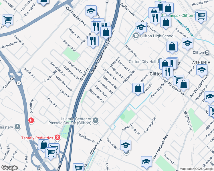 map of restaurants, bars, coffee shops, grocery stores, and more near 48 Greendale Road in Clifton