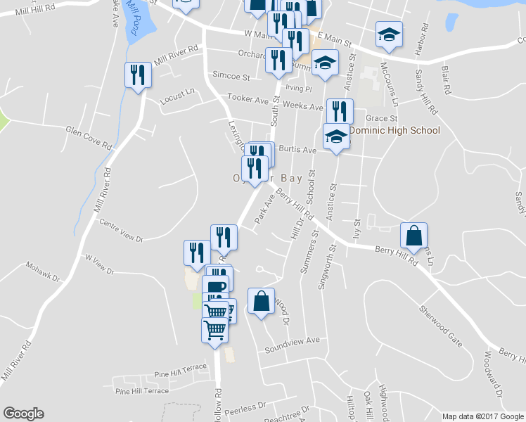 map of restaurants, bars, coffee shops, grocery stores, and more near 46 Park Avenue in Oyster Bay