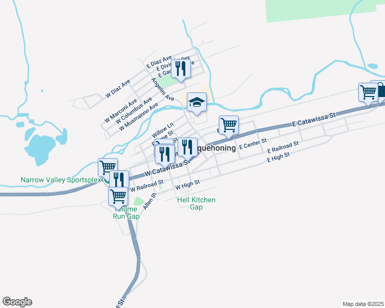 map of restaurants, bars, coffee shops, grocery stores, and more near 50 West Catawissa Street in Nesquehoning