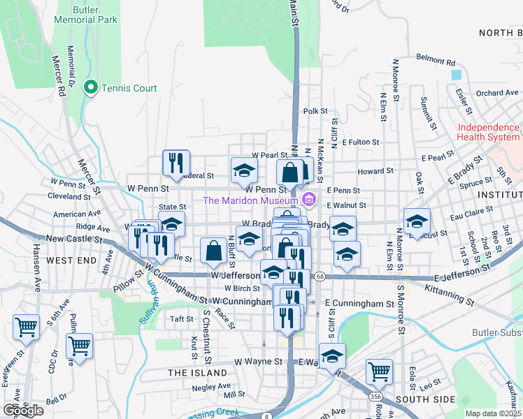 map of restaurants, bars, coffee shops, grocery stores, and more near 318 North Washington Street in Butler