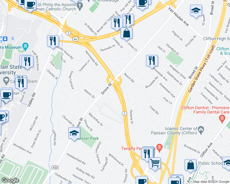map of restaurants, bars, coffee shops, grocery stores, and more near 539 Grove Street in Clifton