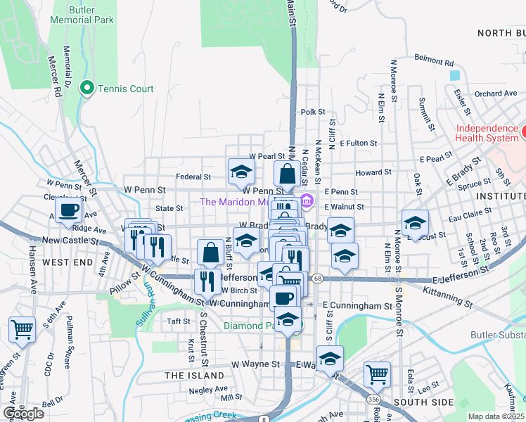 map of restaurants, bars, coffee shops, grocery stores, and more near 318 North Washington Street in Butler