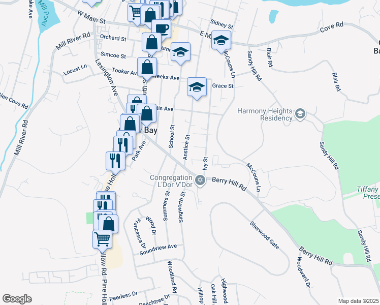 map of restaurants, bars, coffee shops, grocery stores, and more near 220 Anstice Street in Oyster Bay