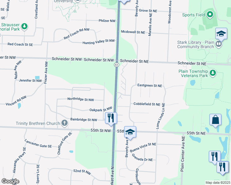 map of restaurants, bars, coffee shops, grocery stores, and more near 5715 Market Avenue North in Canton