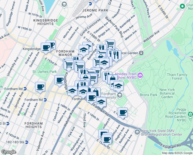 map of restaurants, bars, coffee shops, grocery stores, and more near in The Bronx