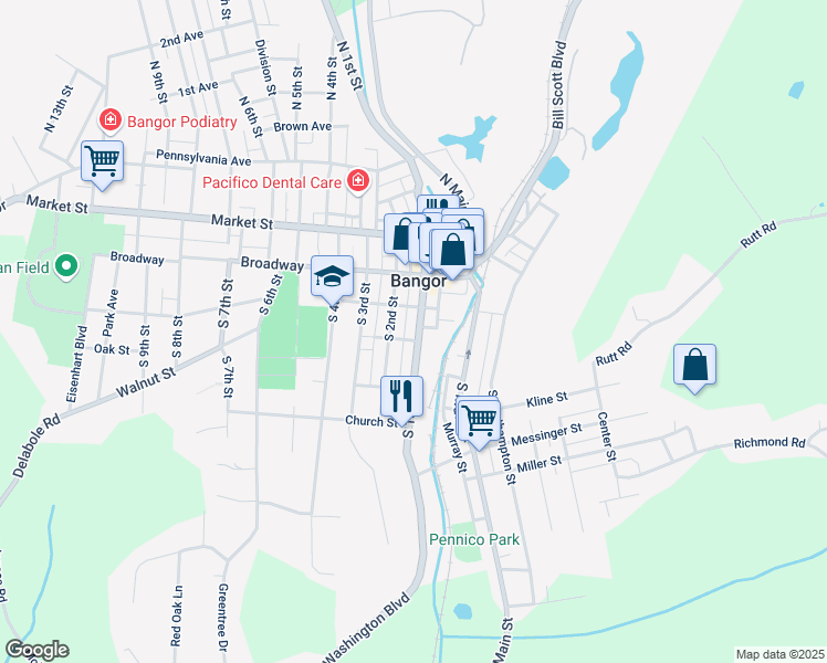 map of restaurants, bars, coffee shops, grocery stores, and more near 234 South 1st Street in Bangor
