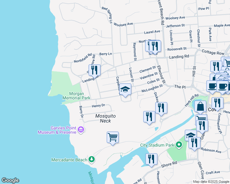 map of restaurants, bars, coffee shops, grocery stores, and more near 76 Coles Street in Glen Cove