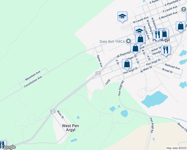 map of restaurants, bars, coffee shops, grocery stores, and more near 845 West Pennsylvania Avenue in Pen Argyl