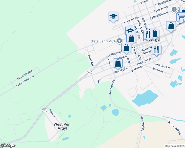 map of restaurants, bars, coffee shops, grocery stores, and more near 915 George Street in Pen Argyl