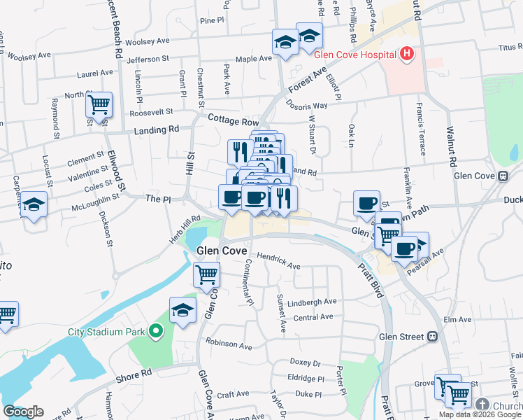 map of restaurants, bars, coffee shops, grocery stores, and more near 9 Glen Street in Glen Cove
