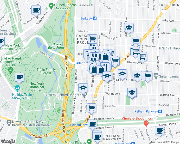 map of restaurants, bars, coffee shops, grocery stores, and more near 2544A White Plains Road in The Bronx