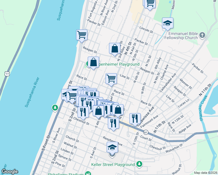map of restaurants, bars, coffee shops, grocery stores, and more near 221 North 4th Street in Sunbury