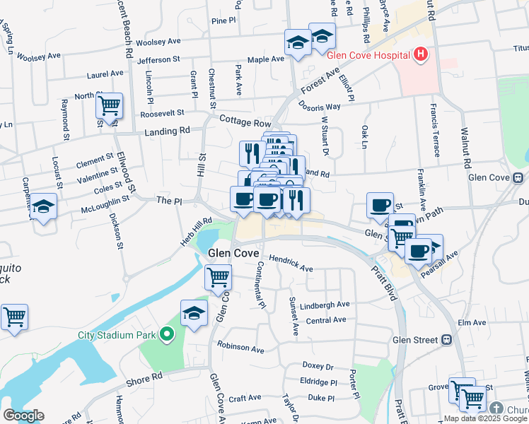 map of restaurants, bars, coffee shops, grocery stores, and more near 24 Bridge Street in Glen Cove