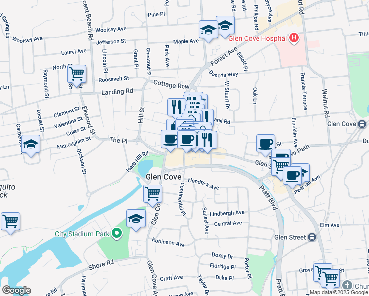 map of restaurants, bars, coffee shops, grocery stores, and more near 24 Bridge Street in Glen Cove