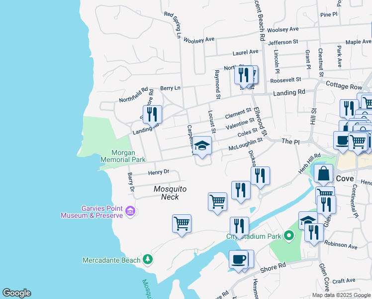 map of restaurants, bars, coffee shops, grocery stores, and more near 76 Coles Street in Glen Cove