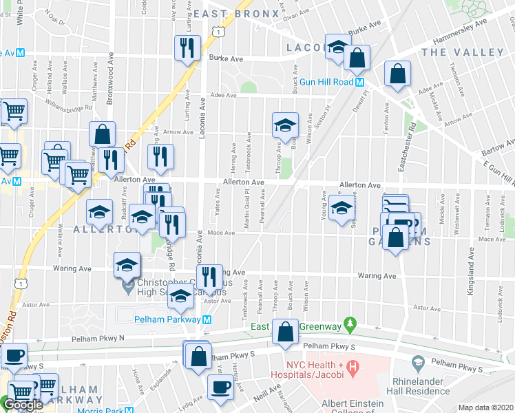 map of restaurants, bars, coffee shops, grocery stores, and more near 2554 Tenbroeck Avenue in Bronx