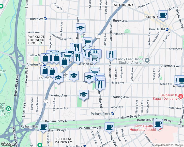 map of restaurants, bars, coffee shops, grocery stores, and more near 2548 Paulding Avenue in Bronx