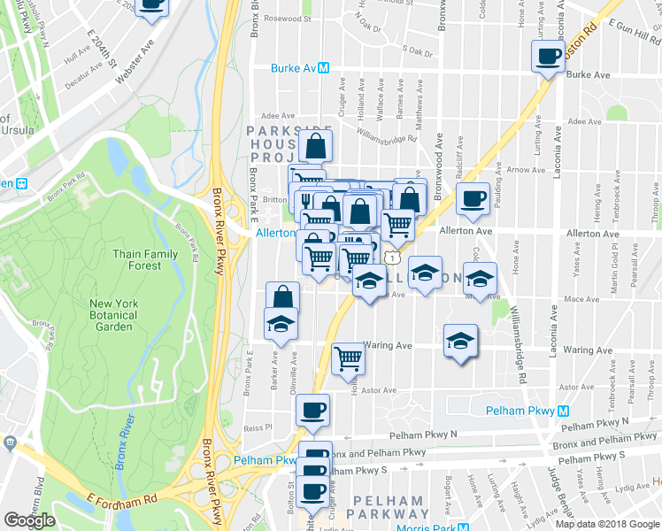 map of restaurants, bars, coffee shops, grocery stores, and more near 2544 Cruger Avenue in Bronx