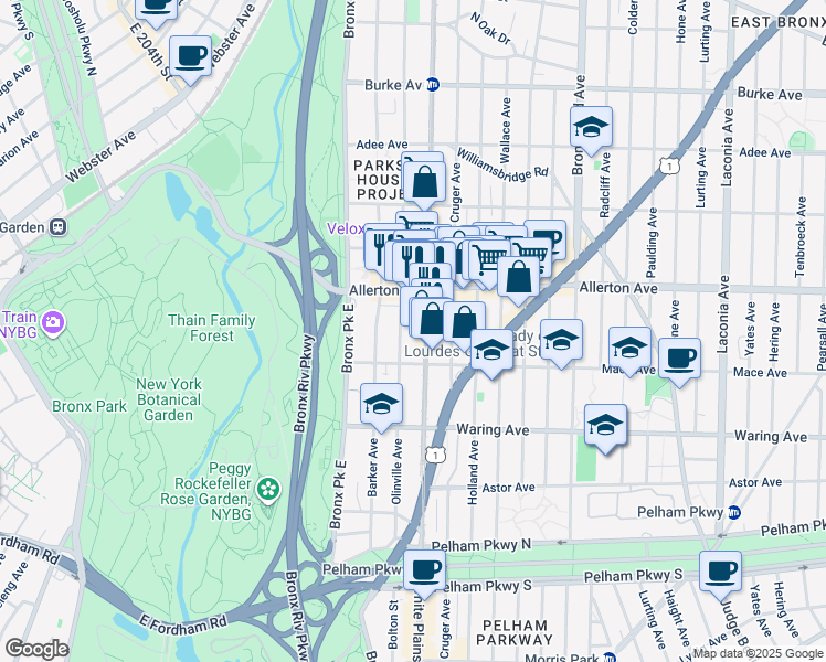 map of restaurants, bars, coffee shops, grocery stores, and more near 2544A White Plains Road in The Bronx