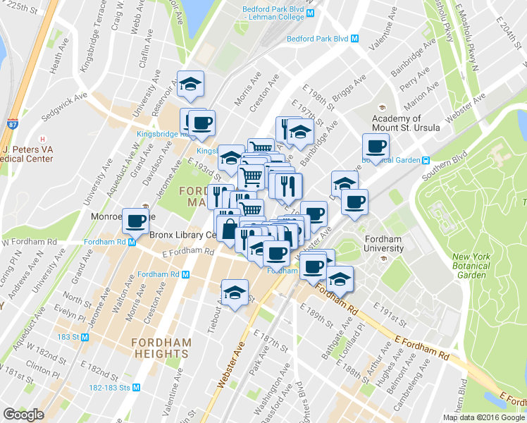 map of restaurants, bars, coffee shops, grocery stores, and more near in The Bronx
