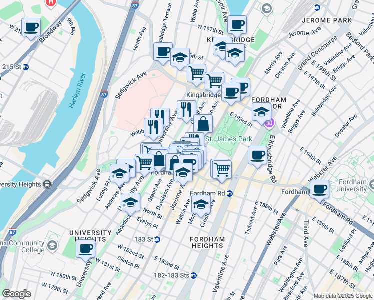 map of restaurants, bars, coffee shops, grocery stores, and more near 30 West 190th Street in Bronx