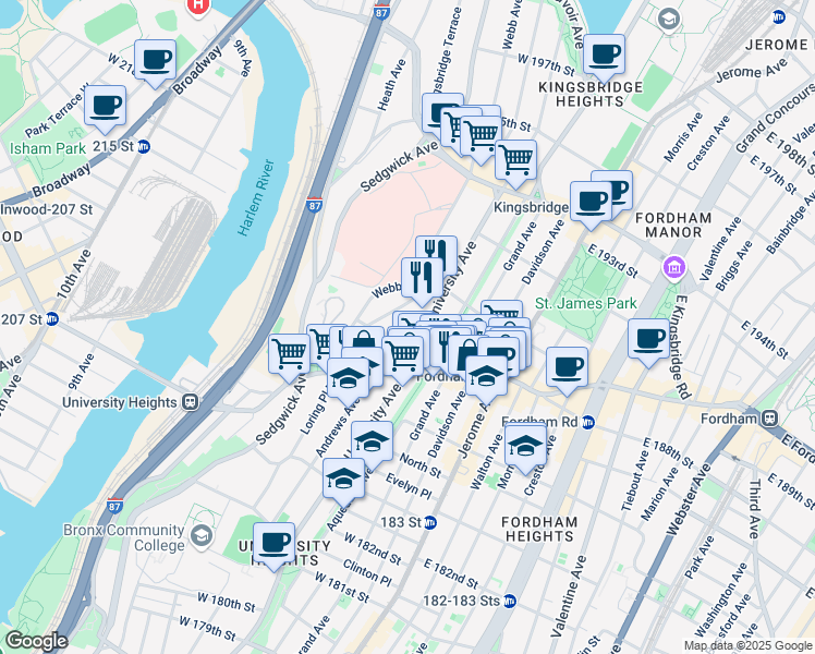 map of restaurants, bars, coffee shops, grocery stores, and more near 2472 Devoe Terrace in Bronx