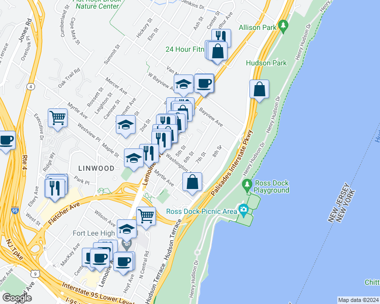 map of restaurants, bars, coffee shops, grocery stores, and more near 6 6th Street in Englewood Cliffs