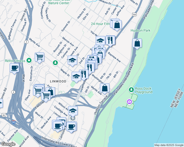 map of restaurants, bars, coffee shops, grocery stores, and more near 2455 Lemoine Avenue in Fort Lee