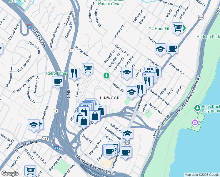 map of restaurants, bars, coffee shops, grocery stores, and more near 415 Grandview Place in Fort Lee