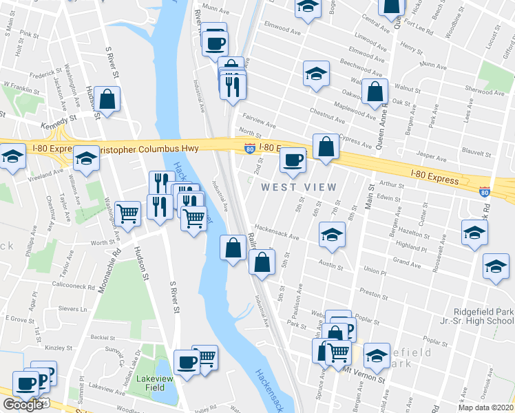 map of restaurants, bars, coffee shops, grocery stores, and more near 137 3rd Street in Ridgefield Park