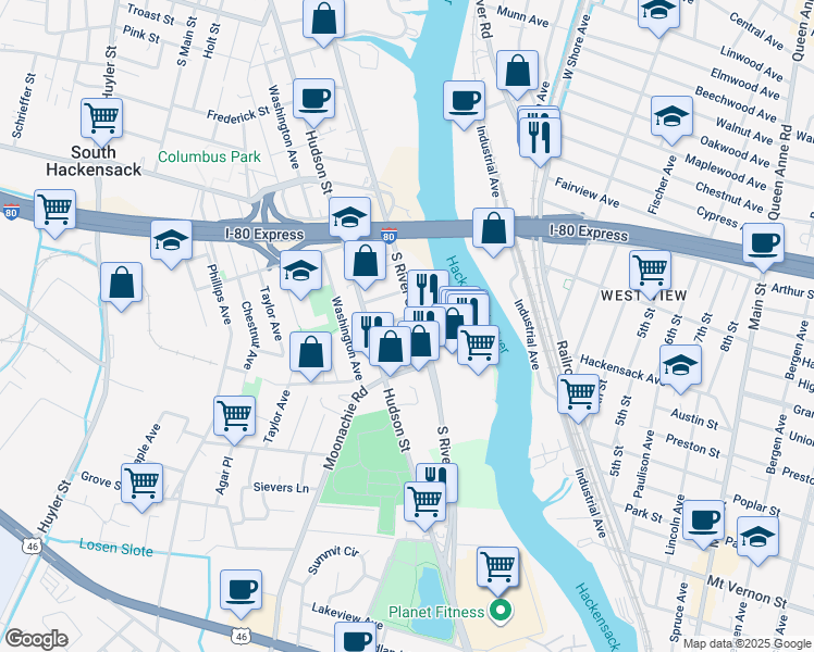 map of restaurants, bars, coffee shops, grocery stores, and more near 32 Pulaski Place in Hackensack