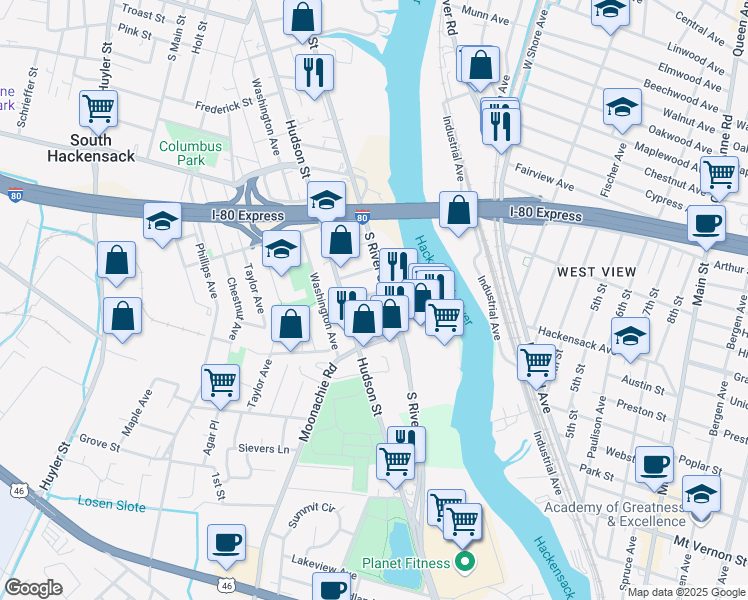 map of restaurants, bars, coffee shops, grocery stores, and more near 32 Pulaski Place in Hackensack
