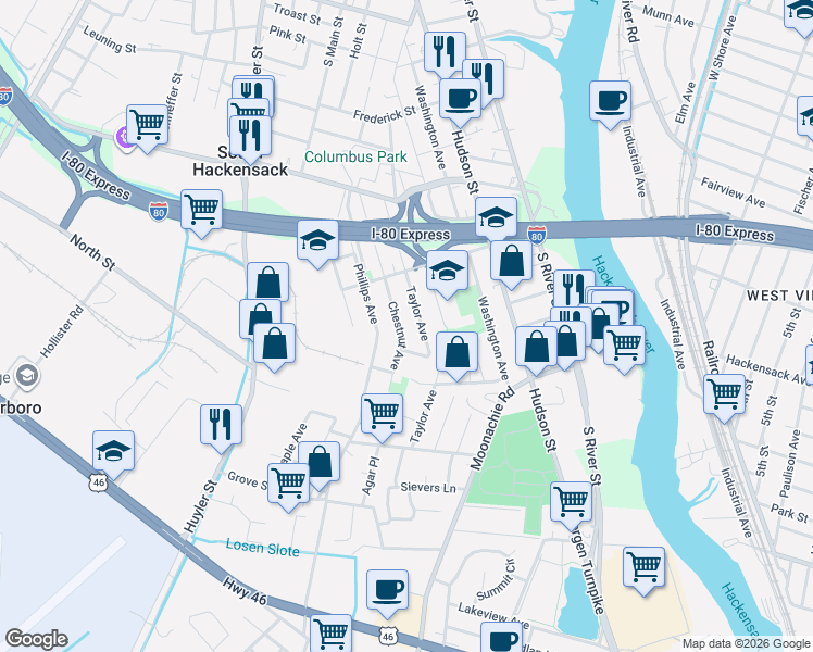 map of restaurants, bars, coffee shops, grocery stores, and more near 418B Chestnut Avenue in South Hackensack