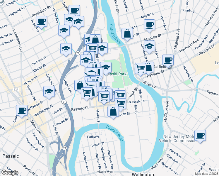 map of restaurants, bars, coffee shops, grocery stores, and more near 87 4th Street in Passaic