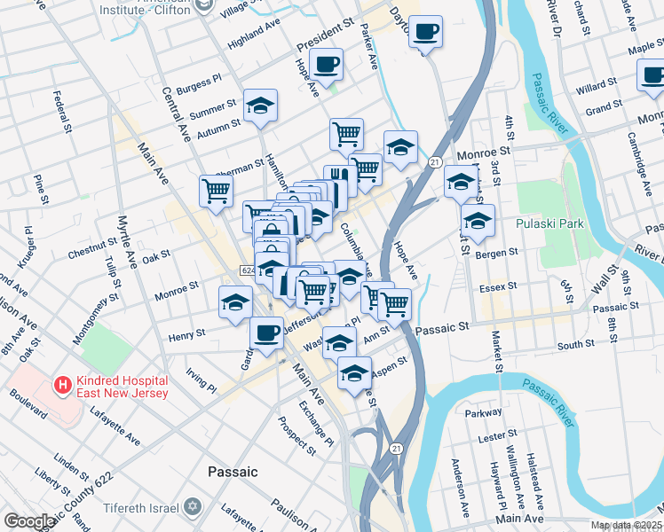 map of restaurants, bars, coffee shops, grocery stores, and more near 21 Rosz Place in Passaic