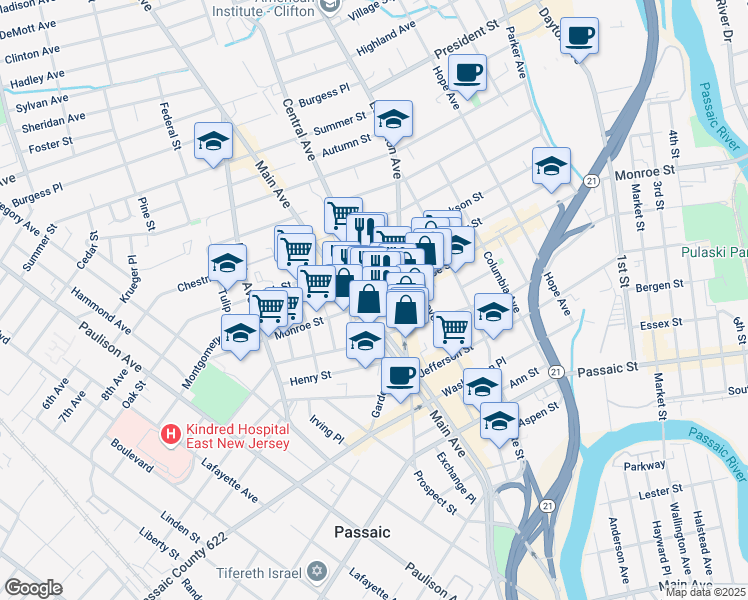 map of restaurants, bars, coffee shops, grocery stores, and more near 47 Central Avenue in Passaic