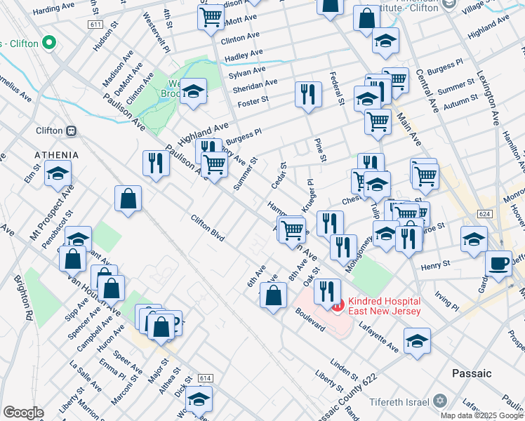 map of restaurants, bars, coffee shops, grocery stores, and more near 8 Summit Avenue in Clifton
