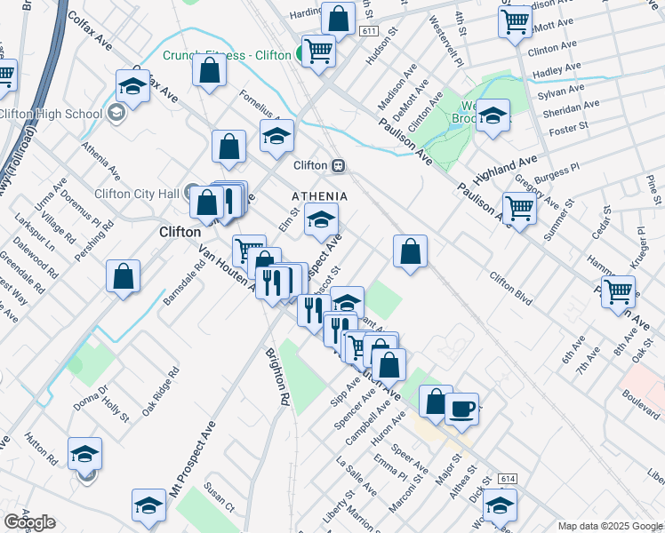 map of restaurants, bars, coffee shops, grocery stores, and more near 71 Mount Prospect Avenue in Clifton