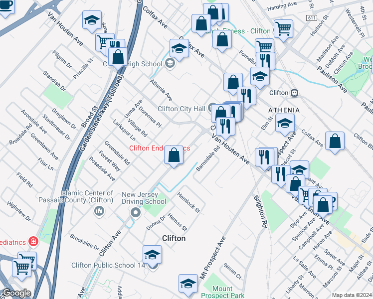 map of restaurants, bars, coffee shops, grocery stores, and more near 45 Starmond Avenue in Clifton