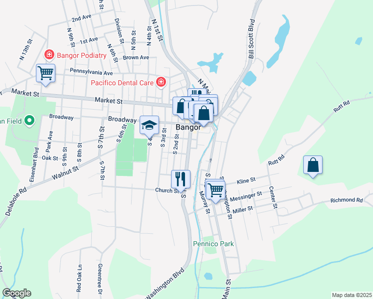 map of restaurants, bars, coffee shops, grocery stores, and more near 234 South 1st Street in Bangor