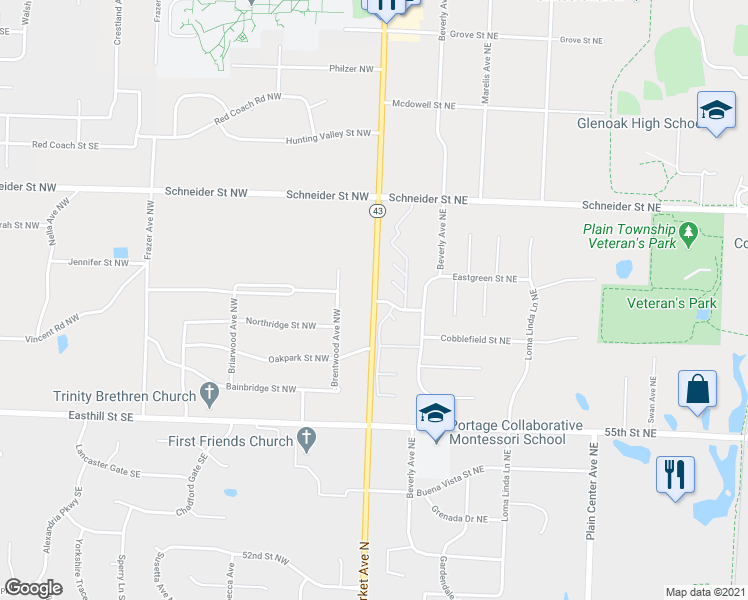 map of restaurants, bars, coffee shops, grocery stores, and more near 5801 Market Avenue North in Canton