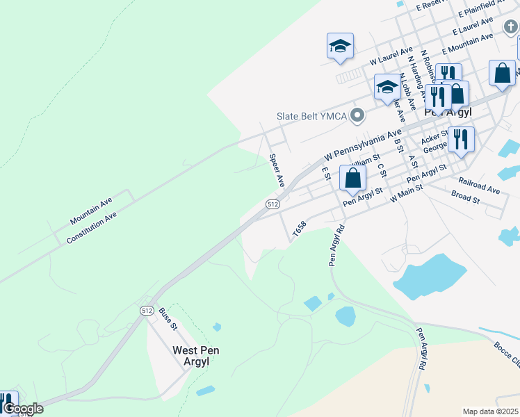 map of restaurants, bars, coffee shops, grocery stores, and more near 845 West Pennsylvania Avenue in Pen Argyl