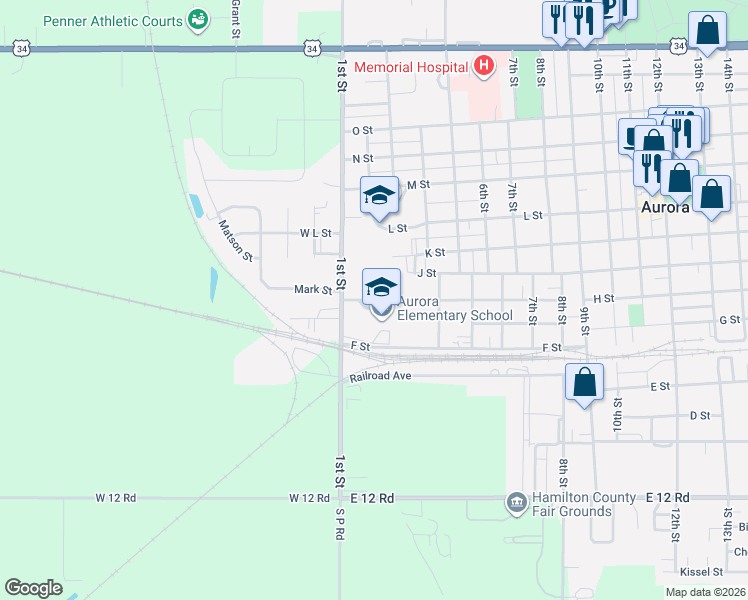 map of restaurants, bars, coffee shops, grocery stores, and more near 18 H Street in Aurora