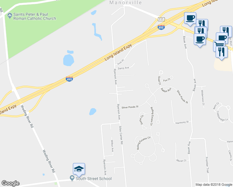 map of restaurants, bars, coffee shops, grocery stores, and more near 184 Manorville Boulevard in Manorville