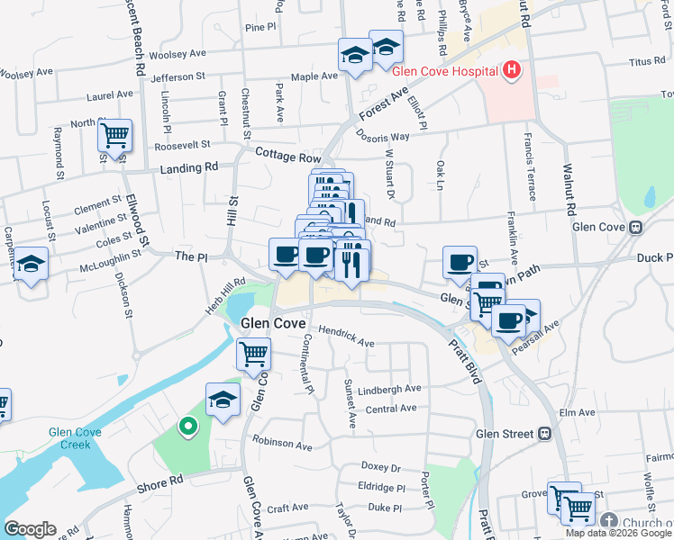 map of restaurants, bars, coffee shops, grocery stores, and more near 19 Glen Street in Glen Cove