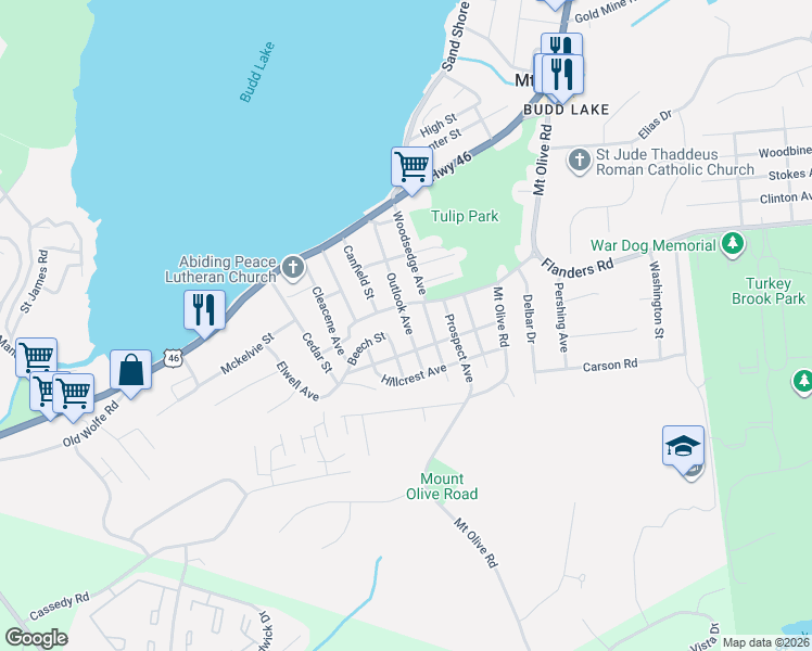 map of restaurants, bars, coffee shops, grocery stores, and more near 16 Tulip Avenue in Mount Olive