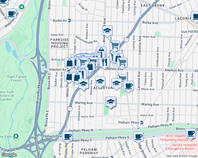 map of restaurants, bars, coffee shops, grocery stores, and more near 2536 Matthews Avenue in Bronx