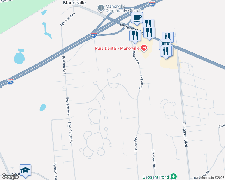 map of restaurants, bars, coffee shops, grocery stores, and more near 95 Rabbit Run in Manorville