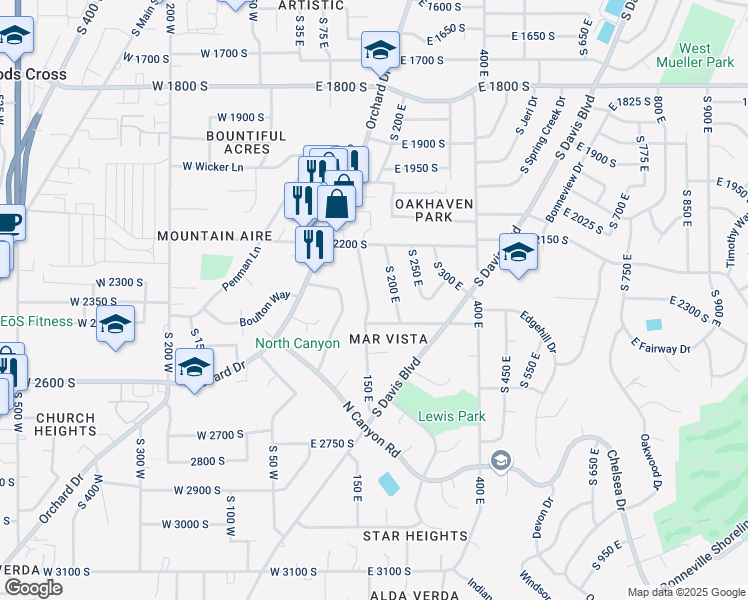 map of restaurants, bars, coffee shops, grocery stores, and more near 2377 150 East in Bountiful